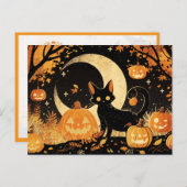 Retro Black Cat with Jack-o’-Lanterns シーズンポストカード (正面/裏面)