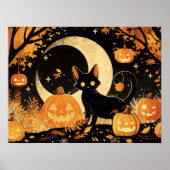 Retro Black Cat with Jack-o’-Lanterns ポスター (正面)