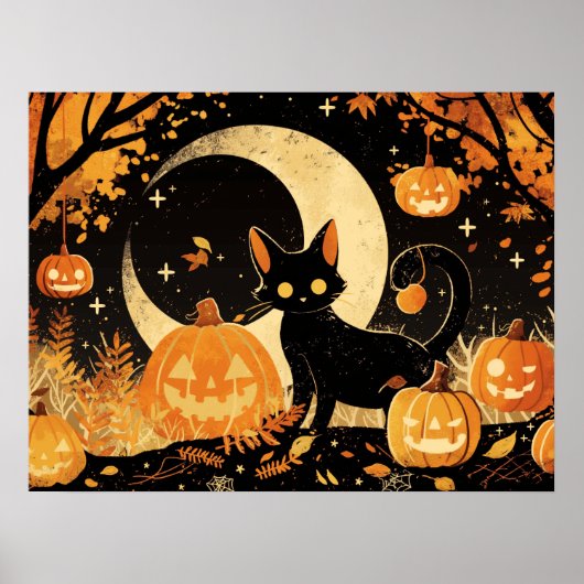Retro Black Cat with Jack-o’-Lanterns ポスター (正面)
