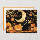 Retro Black Cat with Jack-o’-Lanterns ポストカード (正面/裏面)