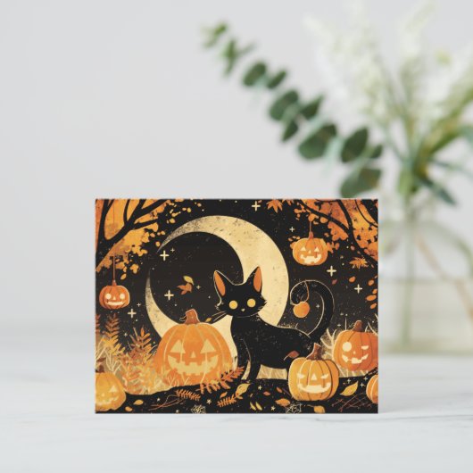 Retro Black Cat with Jack-o’-Lanterns ポストカード (スタンド正面)