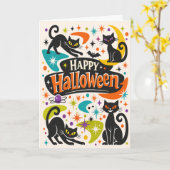 Retro Black Cats Halloween カード (黄色い花)