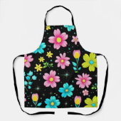 Retro Black colorful Flowers Pattern Birthday part エプロン (正面)