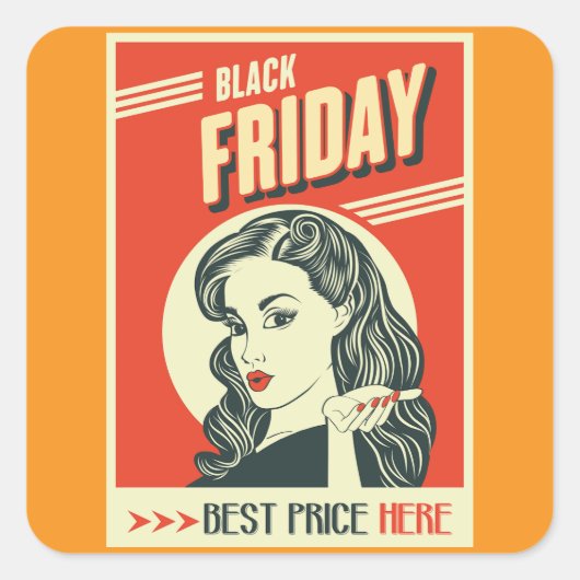 Retro Black Friday Pop Art Pin-Up Girl スクエアシール (正面)