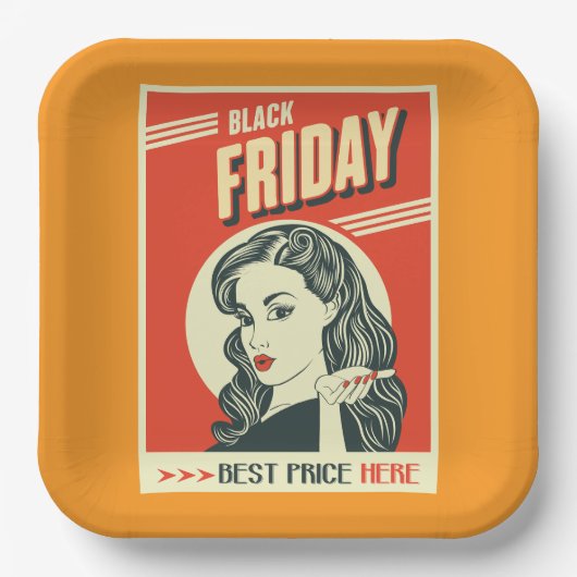Retro Black Friday Pop Art Pin-Up Girl ペーパープレート (正面)