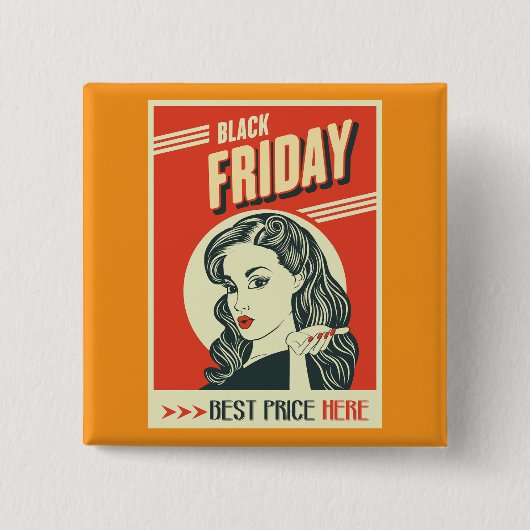 Retro Black Friday Pop Art Pin-Up Girl 缶バッジ (正面)