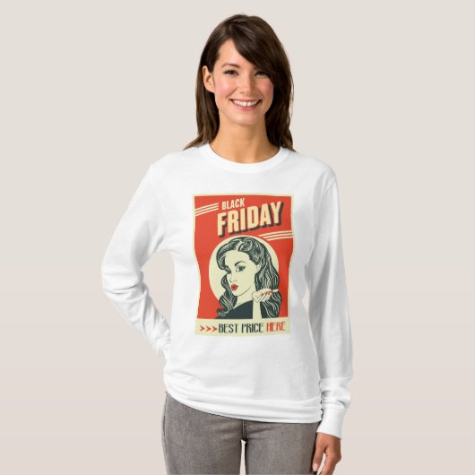 Retro Black Friday Pop Art Pin-Up Girl Tシャツ (正面フル)
