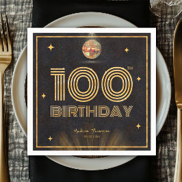 Retro Black Gold Disco Ball Party 100th Birthday スタンダードカクテルナプキン