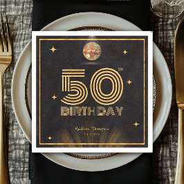 Retro Black Gold Disco Ball Party 50th Birthday スタンダードカクテルナプキン