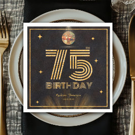 Retro Black Gold Disco Ball Party 75th Birthday スタンダードカクテルナプキン