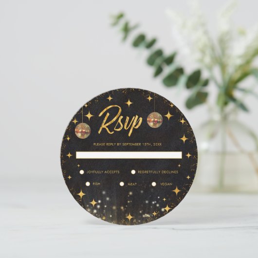 Retro Black Gold Glitter Disco Ball Wedding RSVP (スタンド正面)
