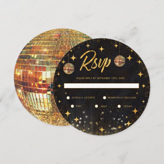 Retro Black Gold Glitter Disco Ball Wedding RSVP (正面/裏面)