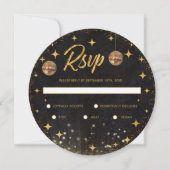 Retro Black Gold Glitter Disco Ball Wedding RSVP (正面)