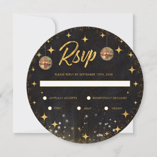 Retro Black Gold Glitter Disco Ball Wedding RSVP (正面)
