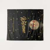 Retro Black Gold Glitter Disco Wedding Welcome タペストリー (正面(横))