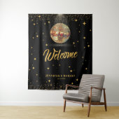 Retro Black Gold Glitter Disco Wedding Welcome タペストリー (インサイチュ)
