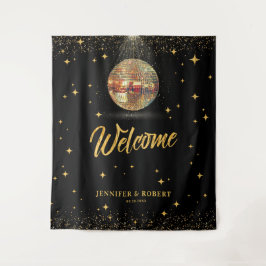 Retro Black Gold Glitter Disco Wedding Welcome タペストリー