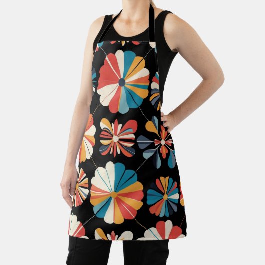 Retro Black Rainbow geometric Flowers Pattern  エプロン (インサイチュ)