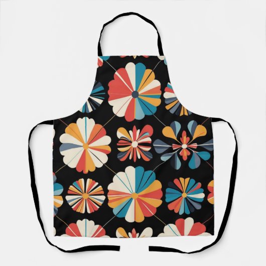 Retro Black Rainbow geometric Flowers Pattern  エプロン (正面)