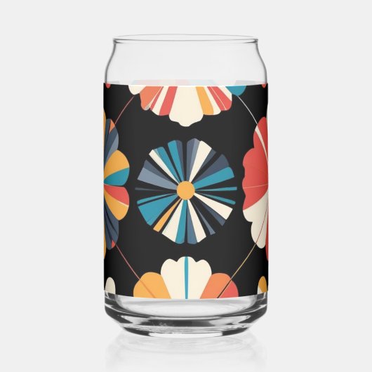 Retro Black Rainbow geometric Flowers Pattern ガラス缶 (正面)