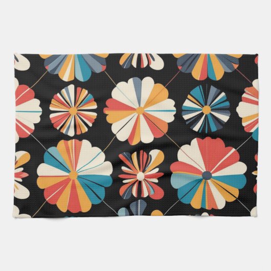 Retro Black Rainbow geometric Flowers Pattern キッチンタオル (横)
