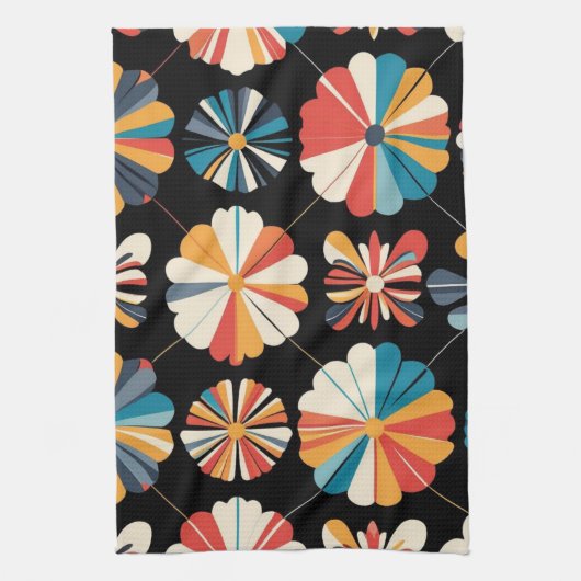 Retro Black Rainbow geometric Flowers Pattern  キッチンタオル (縦)