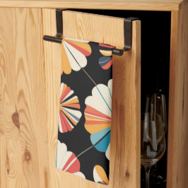 Retro Black Rainbow geometric Flowers Pattern  キッチンタオル