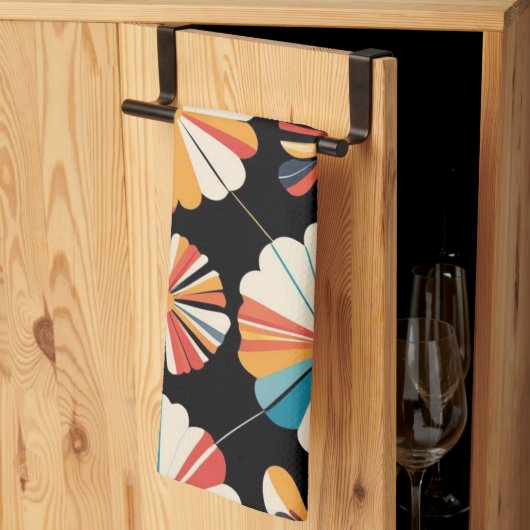 Retro Black Rainbow geometric Flowers Pattern  キッチンタオル (三つ折り)