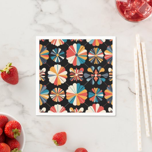 Retro Black Rainbow geometric Flowers Pattern  スタンダードカクテルナプキン (インサイチュ)