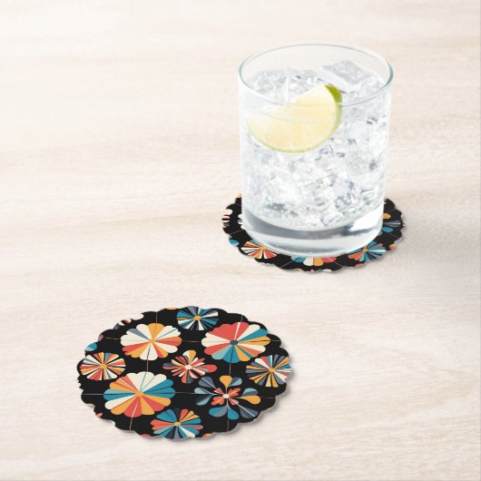 Retro Black Rainbow geometric Flowers Pattern  ペーパーコースター (インサイチュ)