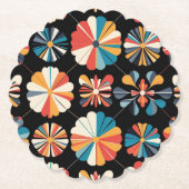 Retro Black Rainbow geometric Flowers Pattern  ペーパーコースター (正面)