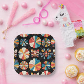 Retro Black Rainbow geometric Flowers Pattern  ペーパープレート (パーティー)