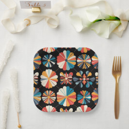 Retro Black Rainbow geometric Flowers Pattern  ペーパープレート