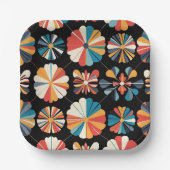 Retro Black Rainbow geometric Flowers Pattern  ペーパープレート (正面)