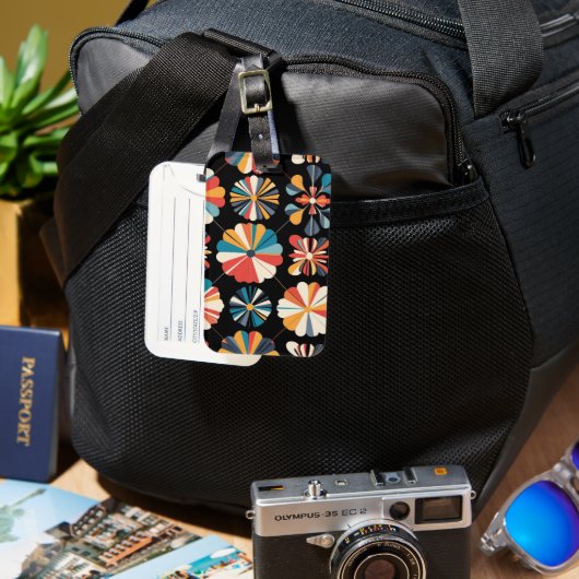 Retro Black Rainbow geometric Flowers Pattern  ラゲッジタグ (正面&裏面)