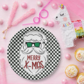 Retro Black White Checkered Santa Claus Christmas ペーパープレート (パーティー)