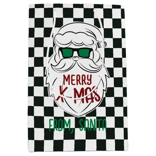 Retro Black White Checkered Santa Claus Christmas  ミディアムペーパーバッグ (正面)