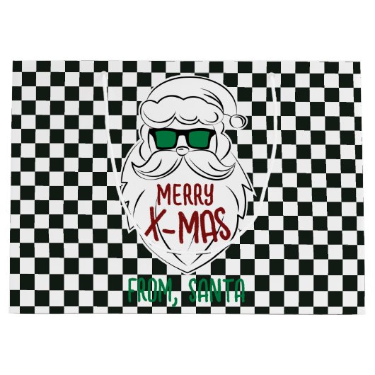 Retro Black White Checkered Santa Claus Christmas  ラージペーパーバッグ (正面)