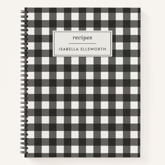 Retro Black White Gingham Plaid Custom Name Recipe ノートブック (正面)