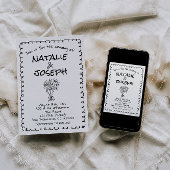 Retro Black White Hand Drawn Funky Quirky Wedding 招待状