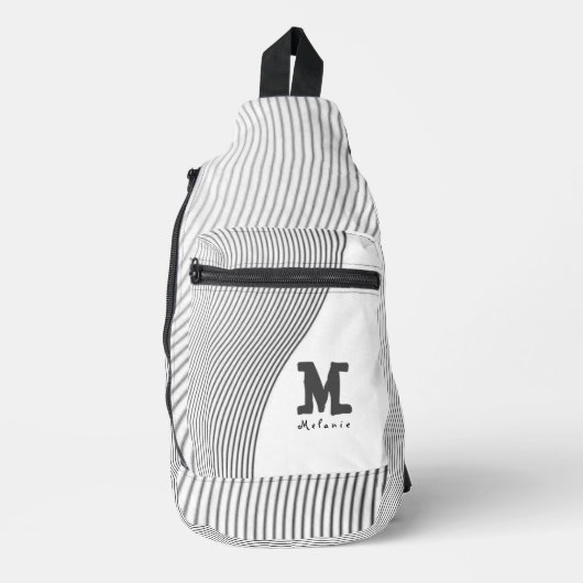 Retro black white lines Abstract minimal Monogram  スリングバッグ (正面)