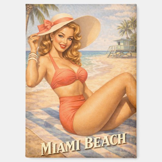 Retro Blonde Beach Girl 1950s Art マグネット (正面)