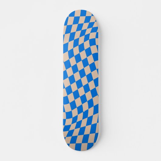 Retro Blue Abstract Checkerboard Wavy Shapes スケートボード (正面)
