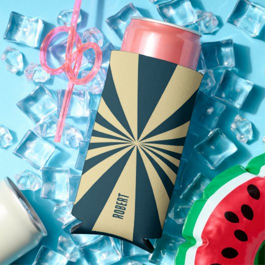 Retro Blue &Beige Stripes Script Minimalist Name スリム缶クーラー (インサイチュ 夏)