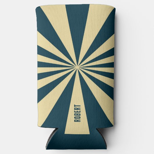 Retro Blue &Beige Stripes  Script Minimalist Name スリム缶クーラー (正面)