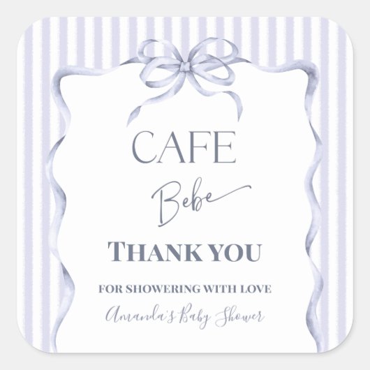 Retro Blue Bow Cafe Bebe Boy Coffee Baby Shower スクエアシール (正面)