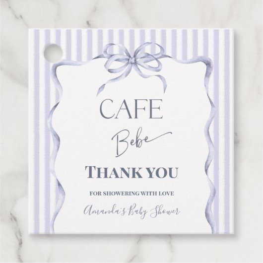 Retro Blue Bow Cafe Bebe Boy Coffee Baby Shower フェイバータグ (正面)