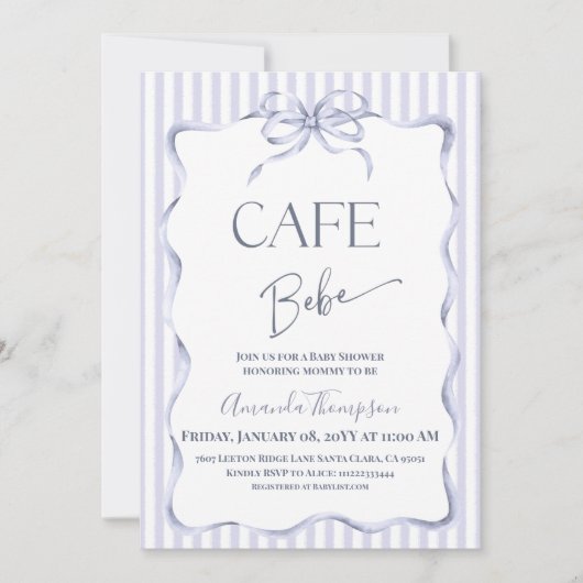 Retro Blue Bow Cafe Bebe Boy Coffee Baby Shower 招待状 (正面)