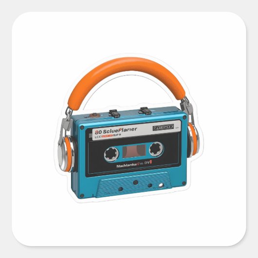 Retro Blue Cassette Tape with Orange Headphones St スクエアシール (正面)