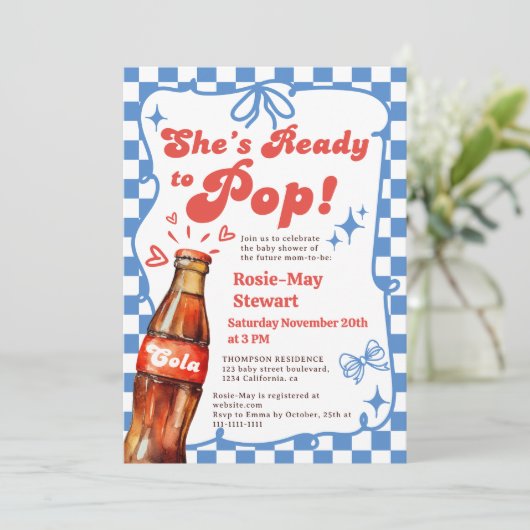 Retro Blue Checker Ready to Pop Cola Baby Shower 招待状 (スタンド正面)